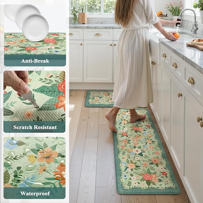 KIMODE Anti Fatigue Mats for Kitchen Floor 17"x47"+17"x29",Green Farmhouse Kitchen Rugs Sets of 2, Cushioned Kitchen Floor Mats Non Skid, Memory Foam Mats for Laundry Office Sink Desk