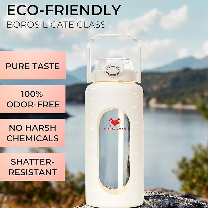 64 Oz Water Bottle with Time Marker & Straw - White Pregnancy 2 Liter Glass Water Bottles with Measurements - Daily intake bottle - Leakproof Borosilicate jug