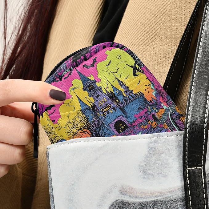 Halloween Castle Bats Pumpkins Pink Travel Pill Organizer Case Box Container Weekly Portable Vitamin Medicine Holder Storage Bag with Zipper Removable