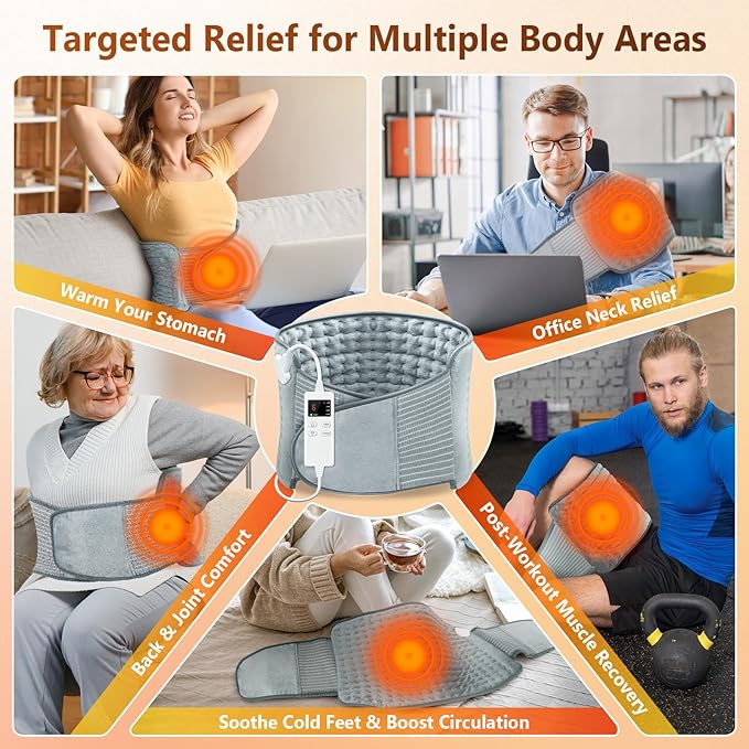 Heating Pad for Back Pain Relief, Upgraded (12"x24"+26'') Extra Large Heating Pad for Period Cramps with 4 Timers Auto Shut Off & 6 Heat Levels, Electric Heating Pad for Lower Back Neck Shoulder, Gray