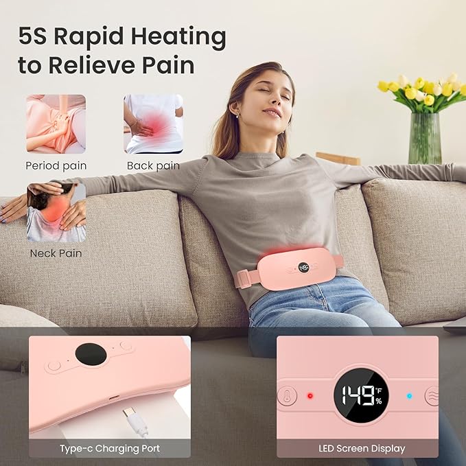 NOWWISH Heating Pad for Period Cramps Pain Relief, Portable Electric Cordless Menstrual Heating Pad Rechargeable with 6 Heat Levels and 6 Massage Modes, Easter Gifts for Women Teen Girls, Pink