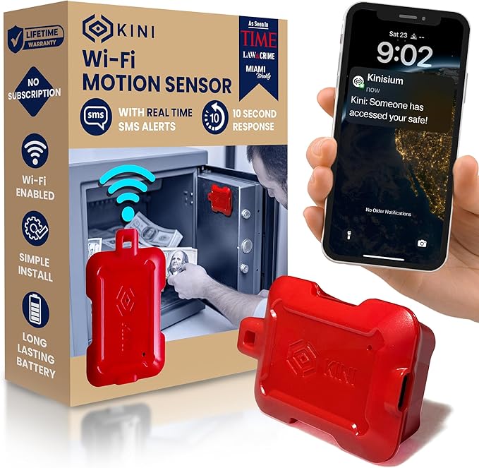 Instant Kini Safe Alert Wi-Fi Motion Sensor Alarm - Real-time SMS, Email, IFTTT - Great for Gun Safes, Cabinets, Office - Easy Install, No Subscription, Long Lasting Rechargeable Battery, USA-Made