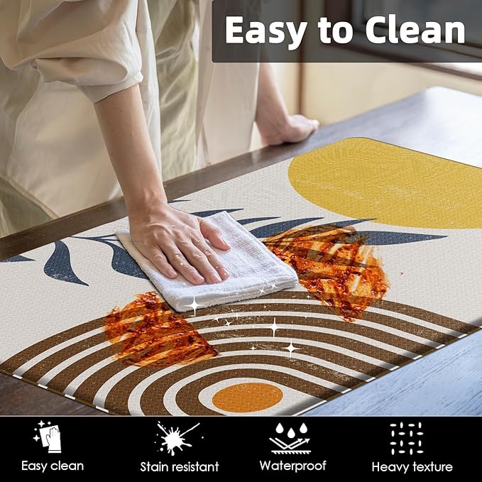 Anti-Fatigue Boho Kitchen Rug Set of 2 Cushioned Bohemian Rug Mat for Floor, Yellow Sun Standing Waterproof Non-Slip Mat PVC Ergonomic Comfort Foam Rug for Kitchen