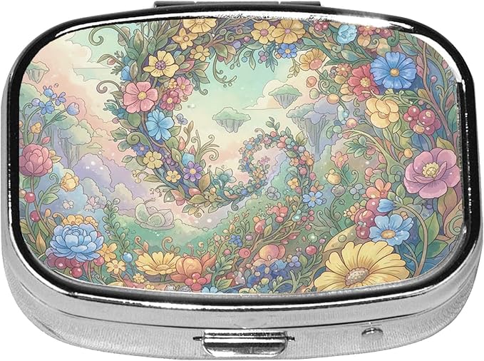 Square Pill Case Small Pill Box with Mirror Pocket 2 Compartment Vitamin Pill Medicine Case Organizer Pill Containers for Traveling Blooming Flower Three