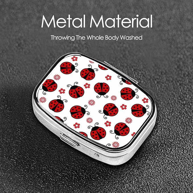 Red Ladybug Flower Pill Box with Mirror 2 Compartment Metal Square Small Pill Case for Purse Pocket Portable Pill Container Holder Travel Medicine Organizer for Vitamin Fish Oil Supplement