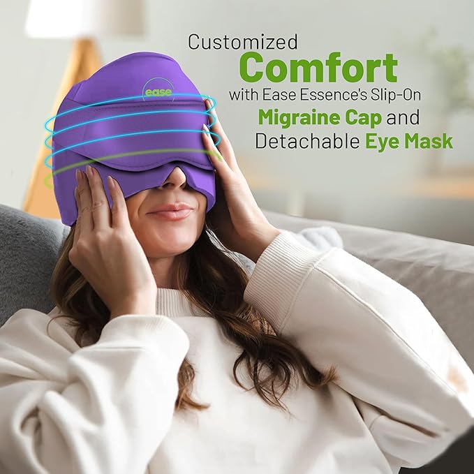 Migraine Relief Cap - 2 in 1 Soothing Headache Relief Cap with Detachable Eye Mask 20% Extra Gel - Headache Hat for Migraines - Cold Ice Head Wrap Products for Stress, Tension, Hangover & Puffy Eyes