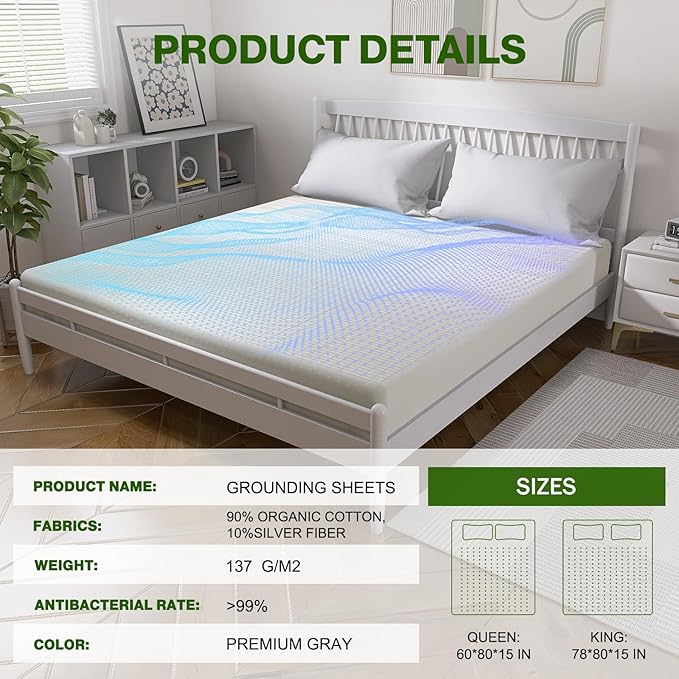 Grounding Sheets King Size,Earth Grounded Fitted Bed Sheet 10% Pure Silver Fiber + 90% Organic Cotton, Bed Grounding Kit with grounding Cord for Improved Sleep & Wellness(Beige,King - 80"x78"x15")