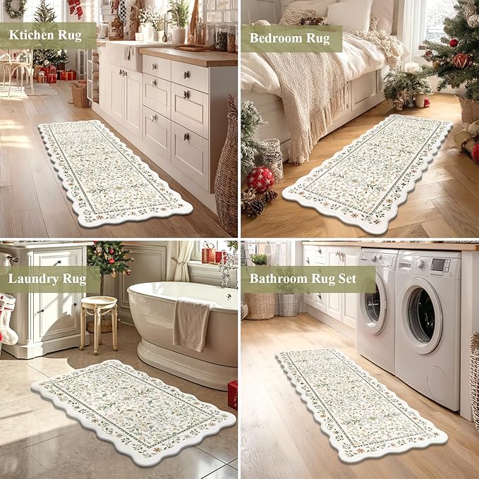 Yamaziot Anti Fatigue Kitchen Rugs Set of 3 - Boho Non Slip Waterproof Kitchen Mats for Floor, Boho Runner Rug for Kitchen Floor, Laundry, Desk, Office, 17.3"x29"+17.3"x35"+17.3"x47", Light Green