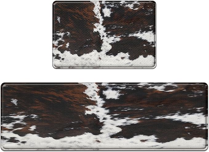 Arttown Brown Anti-Fatigue Kitchen Rug Set of 2 Cow Bull Farm Cushioned Floor Standing Mat Waterproof Non-Slip Mat and PVC Ergonomic Comfort Foam Rug