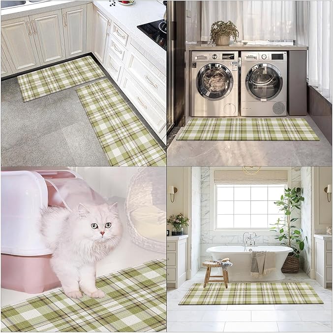 Arttown Green Anti-Fatigue Kitchen Rug Set of 2 Plaid Cushioned Floor Standing Mat Waterproof Non-Slip Mat and PVC Ergonomic Comfort Foam Rug
