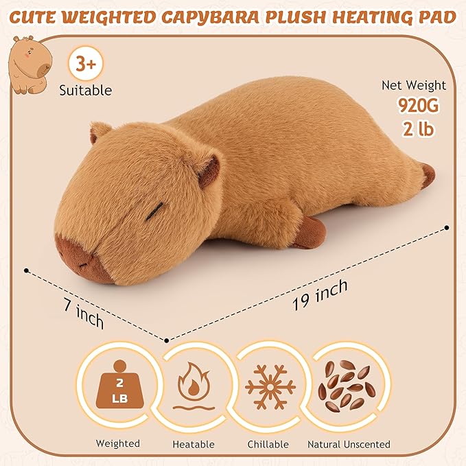 2lb Capybara Plush Stuffed Animals Microwavable Heating Pad-19'' Capybara Heating Pads for Cramps &Period Pain Relief for Women,Heatable & Coolable Stuffed Animals Bedtime Birthday Gift for Women Kids