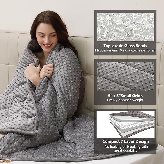 Minky Dot Weighted Blanket for Adults Twin Size 15 lbs, Soft Cozy Heavy Blanket for Stress Relief and Sleep Promotion, Warm Blanket for Autumn Winter with Glass Beads, Grey 48 x 72 inches