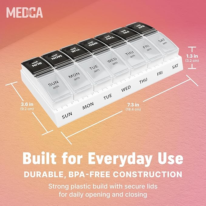 Weekly AM/PM Pill Organizer - 7 Day Medicine Planner with Large Pop-Out Daily Compartments, Easy Open 2-Times-a-Day Pill Case for Travel that Holds Big Size Vitamins & Supplements, Black and White