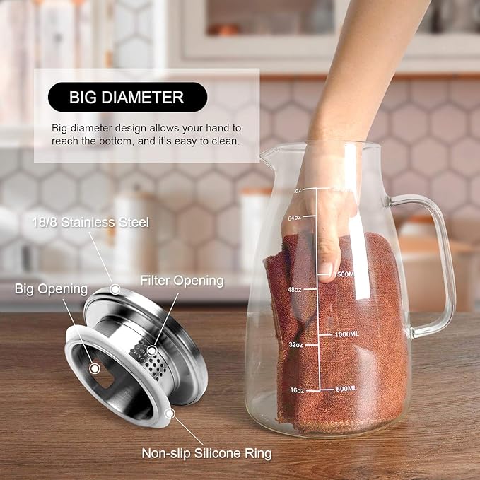 Aofmee Glass Pitcher with Lid, 68oz Water Pitcher with Handle and Precise Scale Line, Stainless Steel Iced Tea Carafe, Heat Resistant Borosilicate Jug for Juice, Milk, Cold or Hot Beverages