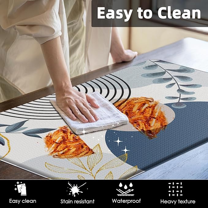 Kitchen Mats for Floor 2 PCS, Anti Fatigue Mat Set, Boho Cushioned Non Slip Waterproof Kitchen Rugs, Wipe Clean PVC Leather Runner for Sink, Laundry, Office, 17"x47"+17"x29", Blue