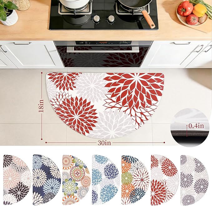 PVC Anti-Fatigue Semi Circle Kitchen Mats, Non-Slip Kitchen Rugs, Comfort Standing Runner Rug, Multipurpose Indoor Mats for Laundry, Office, Bedroom, Sink, Bathroom,red,size18 x30