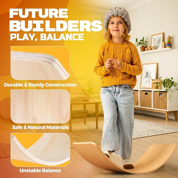 Wooden Wobble Board For Kids Slack Board Open-Ended Waldorf Learning Toy For Indoor Play, Balance Board For Adults | Core Balance Trainer Curvy Rocker Board for Yoga and Exercise Indoor, Montessori Toys