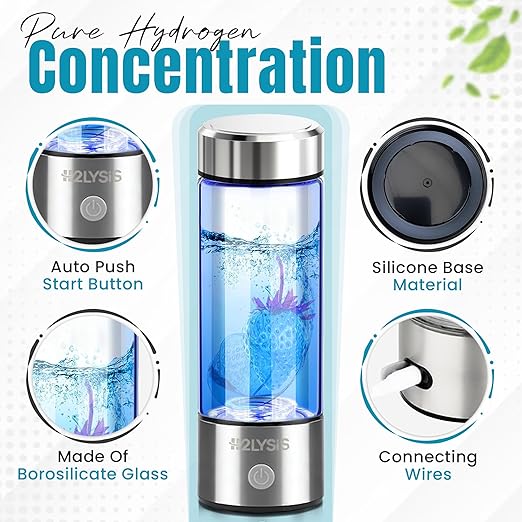 Hydrogen Water Bottle Generator Rechargeable | Glass Hydrogen Water Maker Portable | Ionized Water Bottle with SPE PEM Technology | Hydrogenated Water Electrolyzer for Health