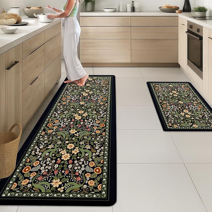 Arttown Kitchen Mats for Floor 2Pcs-Anti Fatigue Non Slip Mats for Kitchen Floor, Cushioned Waterproof & Stain-Resistant Plant Floral Mat Set, Laundry Room, Office, Sink, Desk (Black)
