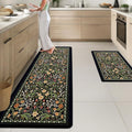 Arttown Kitchen Mats for Floor 2Pcs-Anti Fatigue Non Slip Mats for Kitchen Floor, Cushioned Waterproof & Stain-Resistant Plant Floral Mat Set, Laundry Room, Office, Sink, Desk (Black)