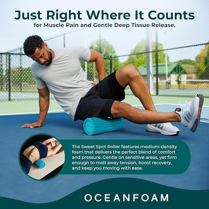 Oceanfoam Sweet Spot Medium Exercise Foam Roller 14"x5.5" – Medium Density Travel Foam Roller for Physical Therapy, Deep Tissue Massage, Yoga, Pilates, Classic Exclusive Wave Texture (Miami Blue)