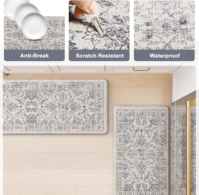 KIMODE Anti Fatigue Kitchen Mats, Floral Distressed Kitchen Rugs Sets of 2, Cushioned Non Skid Kitchen Mats for Floor, Comfort Kitchen Floor Mats for Sink, Laundry, Desk Blue Multi 17"x59"+17"x29"