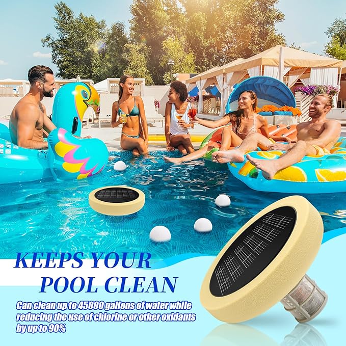 Qualirey Solar Pool Ionizer Automatic Floating Water Cleaner and Purifier, 90% Less Chlorine, with 4 Pcs Scum Eliminating Ball, up to 45, 000 Gallons for Fresh, Salt Water Pools and Spas (Yellow)