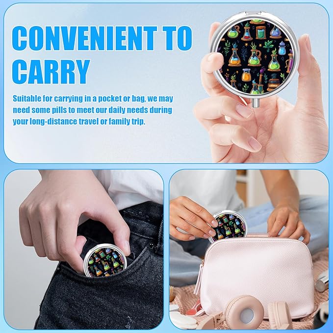 Pill Box, 3 Compartments Small Pill Case Travel Portable Metal Medicine Box with Mirror Mini Container for Purse Pocket Women Men（Magical Potion）