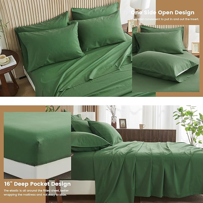 Simple&Opulence Belgian Linen Sheet Set Solid Color - 6 Pieces (1 Flat Sheet & 1 Fitted Sheet & 4 Pillowcases) 16" Deep Pocket Natural Flax Cotton Blended Soft Bedding - Forest Green, King Size