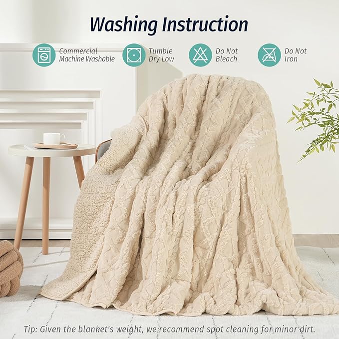 Wemore Weighted Blanket for Adults Twin Size 15 lbs, Dual Sided Soft Fuzzy Jacquard Sherpa Weighted Blankets for Sleeping, Cozy Fluffy Knitted Heavy Blanket for Couch Bed, Khaki, 48 x 72 inches