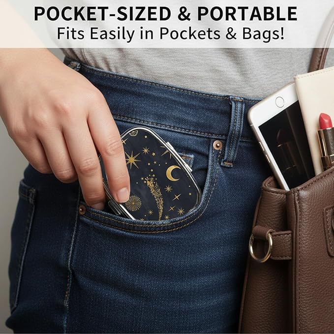 Square Pill Case Small Pill Box with Mirror Pocket 2 Compartment Vitamin Pill Medicine Case Organizer Pill Containers for Traveling Moon and Stars