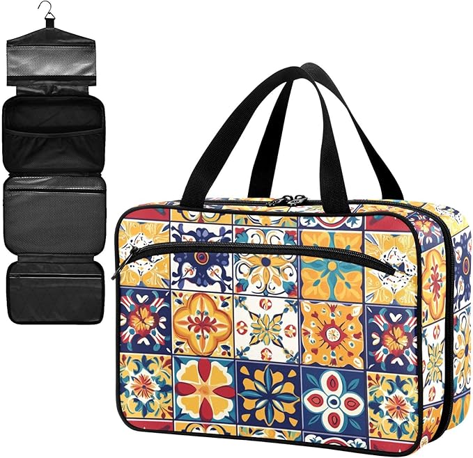 Fustylead Mexican Spanish Style Colorful Tile Pattern Empty Travel First Aid Bag Large Home Medication Bag with Zipper for Pills,Vitamin,Fish Oil,Supplements for Women and Men