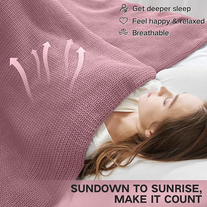 Guohaoi Knitted Weighted Blanket for Adults (Muted Pink 60"x80" 17lbs) No Beads Cooling Throw Blanket for Hot Sleepers, Home Decor Breathable Chunky Knit Heavy Blanket Use on Queen/King Size Bed