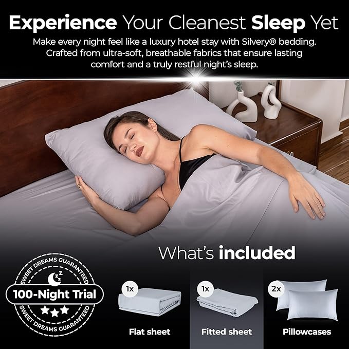 Silvery Silver Infused Bed Sheets Set - Ultra-Soft Temperature-Regulating Fabric with Self-Cleaning Technology™ That Stays Fresh 3X Longer for Hygienic Sleep (Gray, California King)
