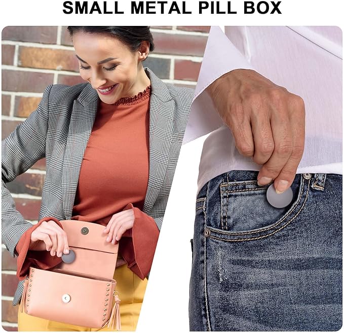 Small Pill Case Metal Pill Box - Waterproof Pill Container Single Round Aluminum Alloy Storage Medicine Holder Organizer Multitool EDC Every Day for Vitamin, Fish Oil Gray