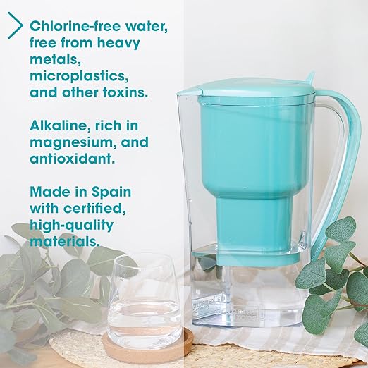 Alkanatur Alkaline Hydrogen Water Filter Pitcher - Removes Fluoride, Chlorine, Microplastics, PFAs, Lead - Activated Coconut Carbon, Ionizer, pH 9.5, Adds Magnesium (Filter with Added Zeolite (Blue))