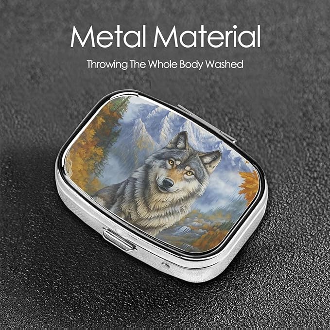 Elegant Autumn Wolf & Mountain Pill Box with Mirror 2 Compartments Square Pill Organizer for Pocket