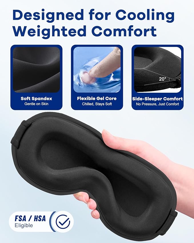 3D Weighted Cooling Gel Eye Mask for Sleeping, FSA Eligible Items HSA, 6oz Gel-Weighted Sleep Mask, 100% Blackout, Gentle Pressure & Cold Relief for Migraine, Ice Cold Gel for Puffy Eyes, Eye Care