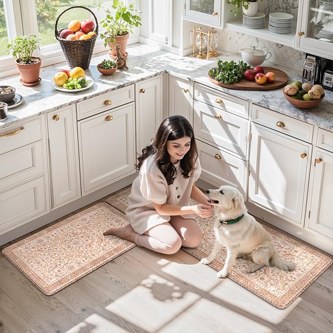 KIMODE Anti Fatigue Kitchen Mats for Floor, Boho Vintage Kitchen Rugs Sets of 2, Kitchen Floor Mats Cushioned Non Slip, Khaki Memory Foam Standing Mats for Laundry Office Sink Desk 17"x47"+17"x29"