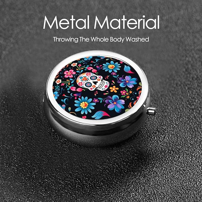 Mexican Sugar Skulls Flowers Print Round Metal Pill Box with 3 Compartment for Pocket or Purse Travel Bag Mini Small Size 2 inche