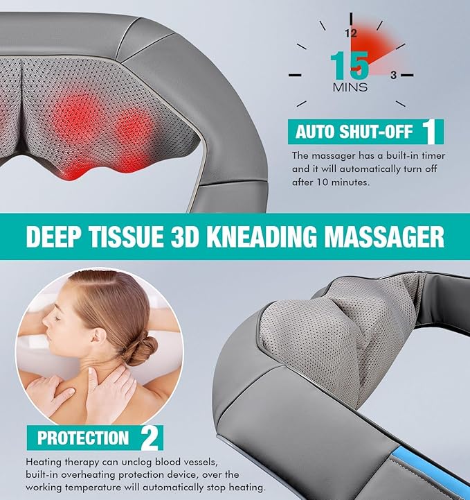 Shiatsu Neck and Back Massager with Heat, Deep Tissue 4D Kneading Massage Pillow for Neck, Back, Shoulder, Leg, Body Muscle Pain Relief, Use at Home, Office, Car
