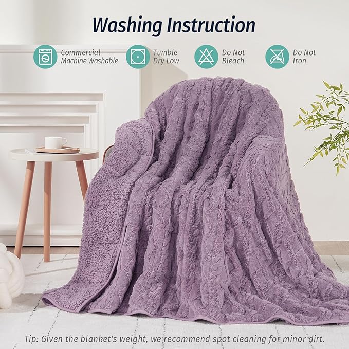 Wemore Weighted Blanket for Adults Twin Size 15 lbs, Dual Sided Soft Fuzzy Jacquard Sherpa Weighted Blankets for Sleeping, Cozy Fluffy Knitted Heavy Blanket for Couch Bed, Purple, 60 x 80 inches