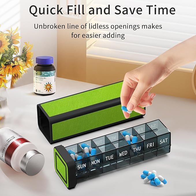 Weekly Pill Organizer 7 Day, Discreet Leather Pill Case for Purse or Pocket, Easy Slide-Out Daily Medication Planner, 1 Time a Day Travel Vitamin and Supplement Holder (Green)
