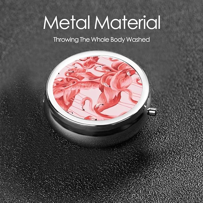 Flamingo Printed Round Travel Pill Box Cute Small Metal Pocket Pill Case for Men & Women 3 Compartment Portable Pill Organizer for Purse or Pocket