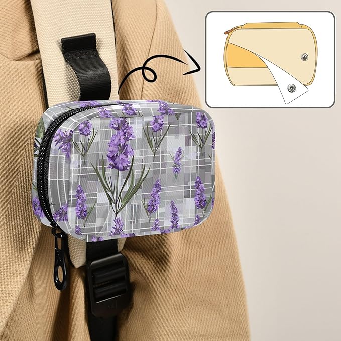 Lavender Flowers Grey Plaid 7 Day Travel Pill Organizer Case Weekly Small Pill Case Vitamin Supplements Holder with Zipper