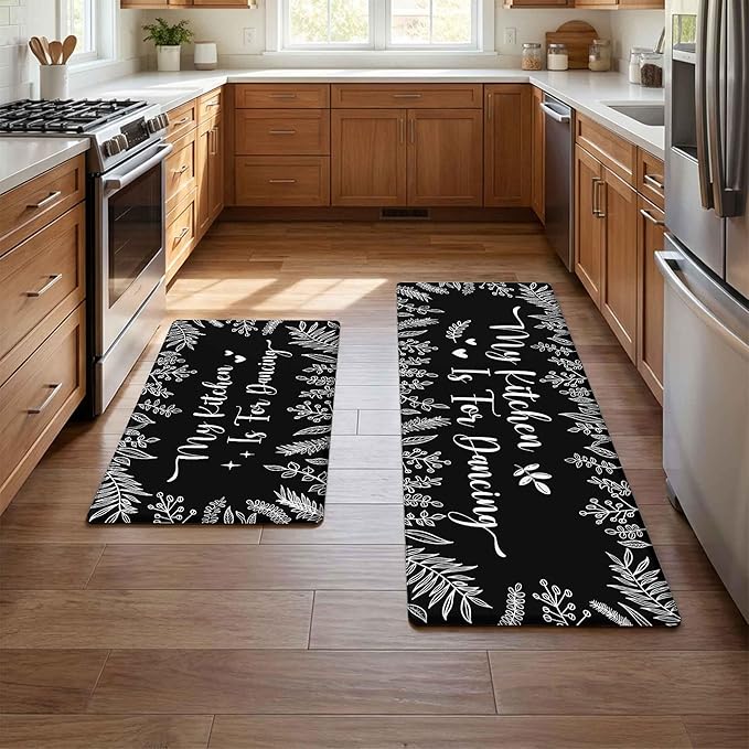 Kitchen Rug Mats for Floor Cushioned Anti Fatigue Black and White Kitchen Rugs Sets of 2 Botanical Non Slip Waterproof Comfort Memory Foam Standing Floor Mat for Office Laundry Sink Desk