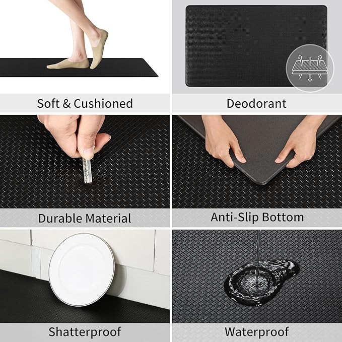 AUTODECO Kitchen Mats and Rugs Set of 2 - Cushioned Anti-Fatigue Kitchen Rug for Floor Washable 17"x29" +17"x59", Black