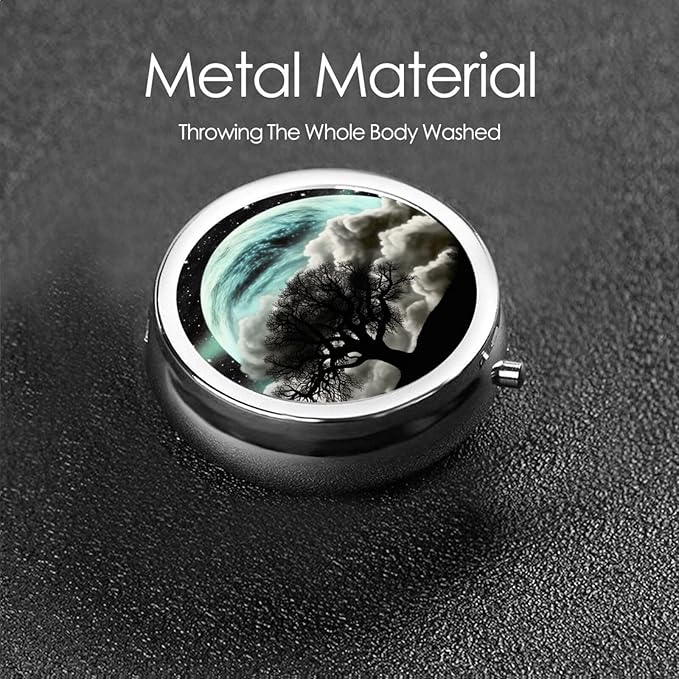 Starry Night Black Tree Art Print Pill Box 3 Compartment Small Pill Case with Mirror Pill Organizer for Outdoor Travel Pocket Purse