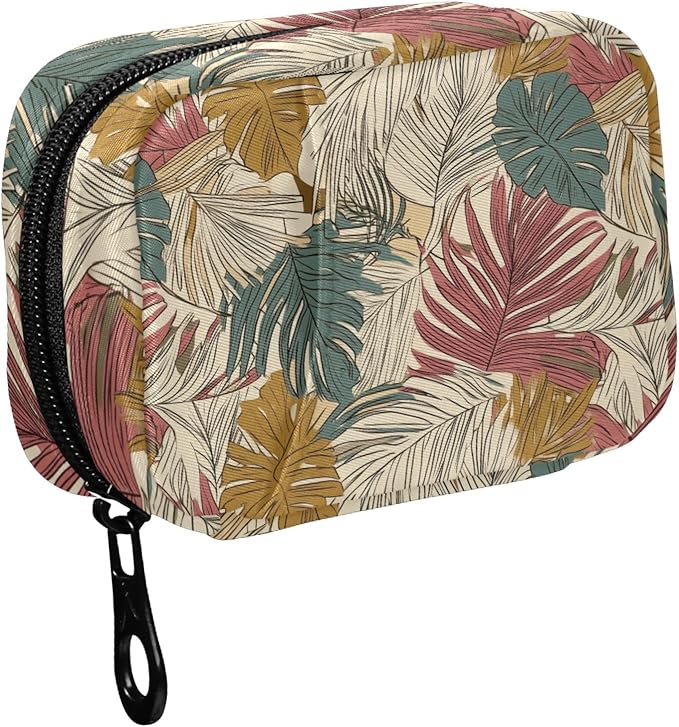 Fustylead Vintage Tropical Line Art Palm Leaves Pill Organizer for Purse, Weekly Portable Pill Box with Zipper to Storage Vitamins Fish Oils Medications Supplements