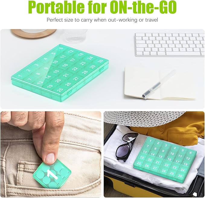 Monthly Pill Organizer Once a Day - 30 Day Pill Organizer Box - Easy to Open - Large Compartments Portable Case for Travel, Month Pill Cases Medicine Organizer for Vitamin (Green)